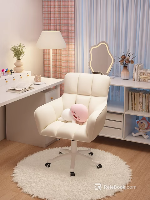 White Cozy Leisure Chair With Cute Plush Toys In Home Office Corner 3d model 
