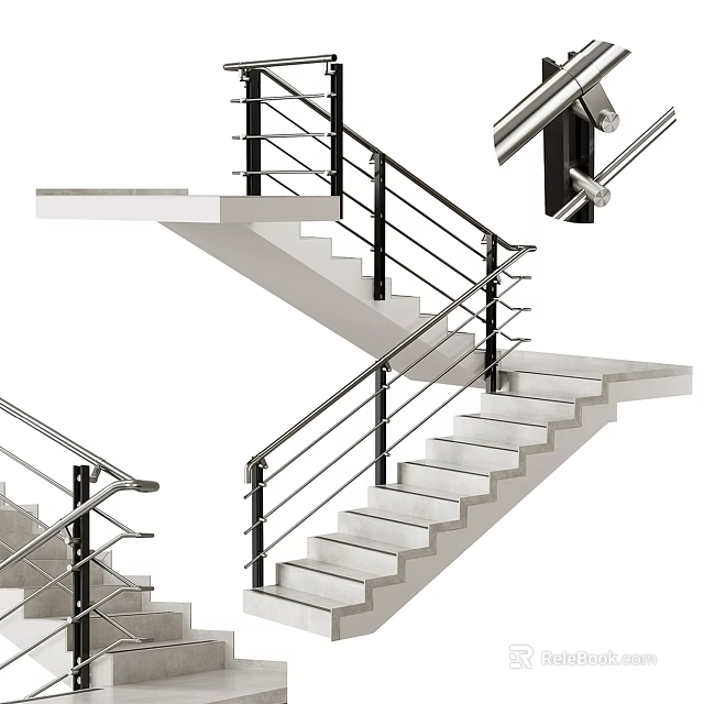 Modern Interior Staircase Design With Stainless Steel Railings And Concrete Steps 3d model 