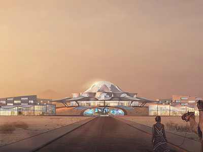 Modern Desert Hotel Building With Dome Design Glass Facades And Camel At Sunset 3d model