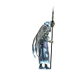Game Movie Character In Blue Gray Robe With Flowing Edges Holding Upright Spear