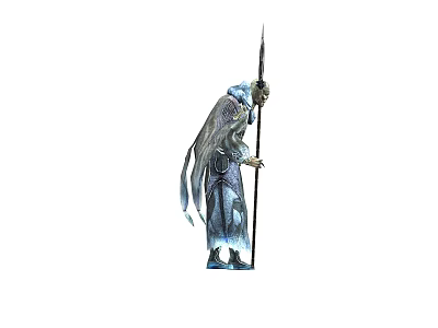 Game Movie Character In Blue Gray Robe With Flowing Edges Holding Upright Spear 3d model
