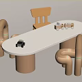 Kids White Oval Table with Brown Chairs Featuring Black Toy Car and Wooden Train