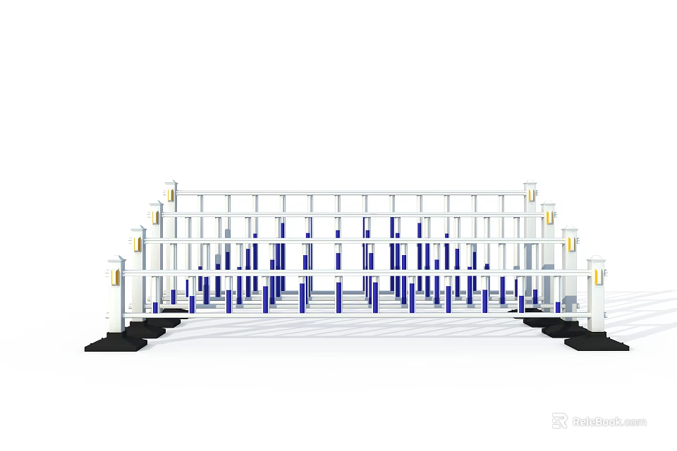 Modern White Metal Fence With Blue Decorative Strips And Black Base Supports 3d model 