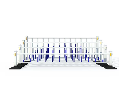 Modern White Metal Fence With Blue Decorative Strips And Black Base Supports 3d model