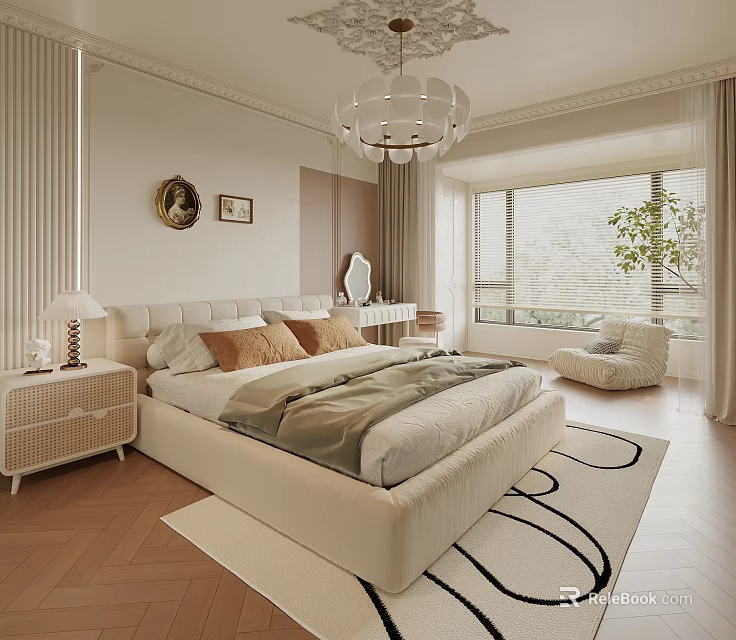 Modern Bedroom Interior Design With White Bed Brown Pillows And Wooden Floor 3d model 