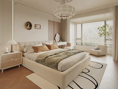 Modern Bedroom Interior Design With White Bed Brown Pillows And Wooden Floor 3d model