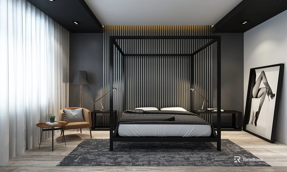 Modern Bedroom Interior With Black Four Poster Bed Gray Walls And Wooden Floor 3d model 