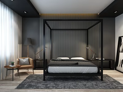 Modern Bedroom Interior With Black Four Poster Bed Gray Walls And Wooden Floor 3d model