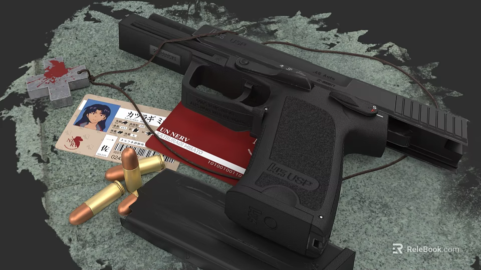 Black Handgun With Bullets Red ID Card And Photo Card On Dark Surface 3d model 