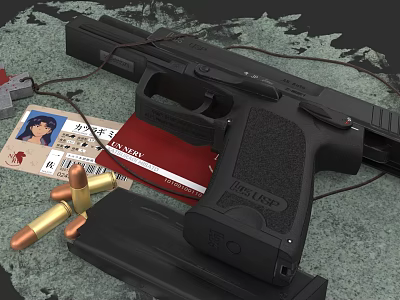 Black Handgun With Bullets Red ID Card And Photo Card On Dark Surface 3d model