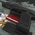 Black Handgun With Bullets Red ID Card And Photo Card On Dark Surface