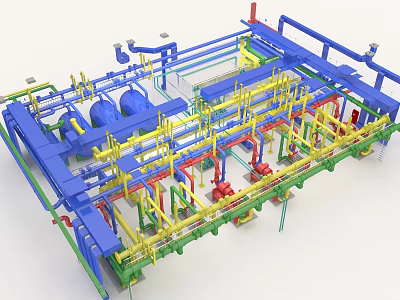 Industrial Equipment Facility Layout With Colorful Piping Systems And Components 3d model