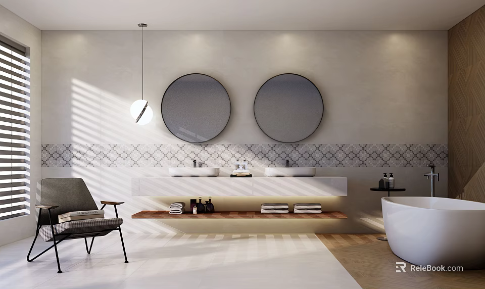 Modern Minimalist Bathroom Vanity With Double Round Mirrors Geometric Patterned Tiles And Natural Light 3d model 