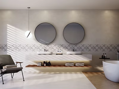 Modern Minimalist Bathroom Vanity With Double Round Mirrors Geometric Patterned Tiles And Natural Light 3d model