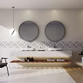 Modern Minimalist Bathroom Vanity With Double Round Mirrors Geometric Patterned Tiles And Natural Light