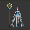Woman in blue white dress with pink hair holding golden staff with heart blue gem