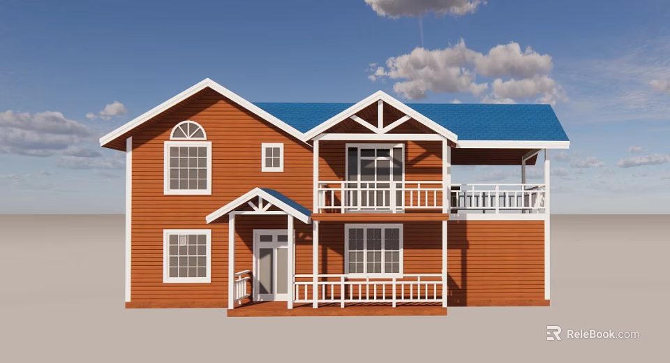Detached Villa With Orange Exterior Blue Roof White Trim Balcony And Porch 3d model 