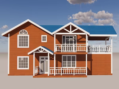 Detached Villa With Orange Exterior Blue Roof White Trim Balcony And Porch 3d model