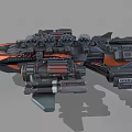 Futuristic Battle Spaceship With Multiple Turrets Mechanical Armor And Black Orange Gray Design