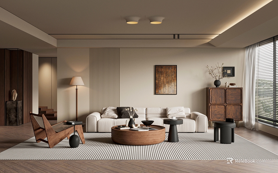 Modern Living Room With Beige Walls Recessed Lighting White Sofa Wooden Coffee Table Striped Rug 3d model 