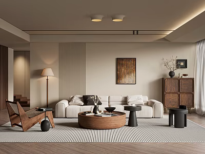 Modern Living Room With Beige Walls Recessed Lighting White Sofa Wooden Coffee Table Striped Rug 3d model