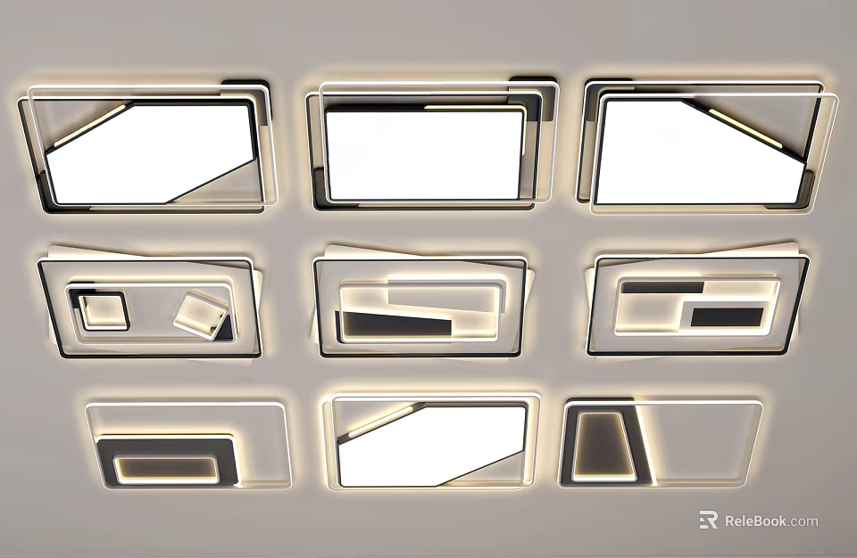 Modern Geometric Ceiling Lights with Sleek Black Frames and White Light Panels 3d model 