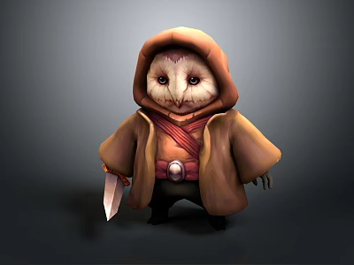 Owl Like Fictional Character In Brown Hooded Cloak Holding Knife With Red Belt 3d model