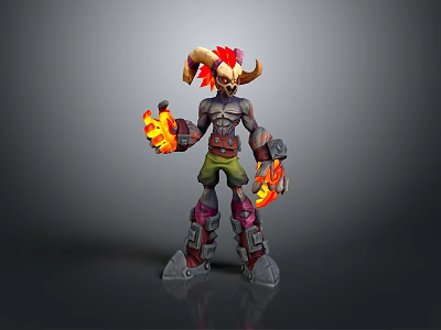 Horned Character Creature With Red Hair Flaming Hands And Mechanical Boots 3d model