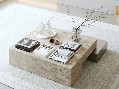 Modern Stone Coffee Table With Books Tray Vase Branches And White Bottles 3d model