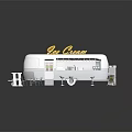 Ice Cream Trailer With White Exterior Tables Chairs Bar Stools And Menu Board