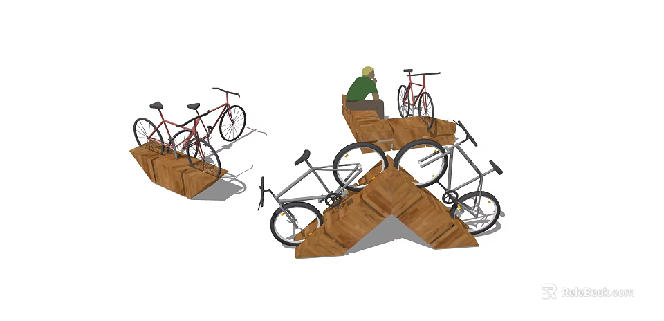 Triangular Wooden Bike Racks With Bicycles And Person Sitting Nearby 3d model 