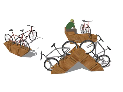 Triangular Wooden Bike Racks With Bicycles And Person Sitting Nearby 3d model