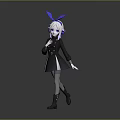 Anime Style Character With White Hair Blue Bow Black Coat And Fantasy Creature