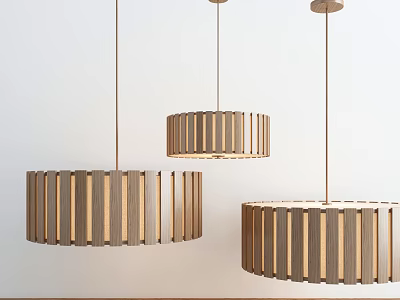Modern Wooden Pendant Lights With Striped Shades Hanging In Three Sizes 3d model
