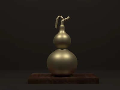 Shiny Golden Gourd Decorative Sculpture On Dark Wooden Base 3d model