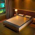 Modern Comfortable Bedroom With Golden Mat Wooden Headboard LED Strip And Gray Curtains