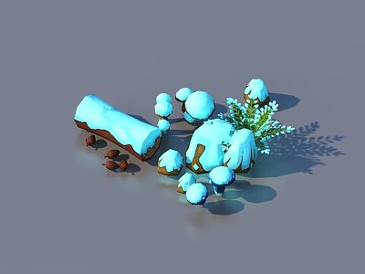 Snow Covered Garden Decorations Featuring Wooden Logs Mushroom Figurines and Pine Branches 3d model