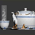 Blue And White Ceramic Tableware Set Including Teapot Teacup And Plate With Fruit Slices 3d model