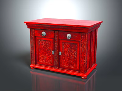 Red Wooden Chinese Style Console Cabinet with Carved Design Double Doors and Metal Handles 3d model