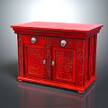 Red Wooden Chinese Style Console Cabinet with Carved Design Double Doors and Metal Handles