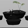 Natural Style Stone Tea Table and Chairs with Irregular Shape Tea Sets and Green Plant