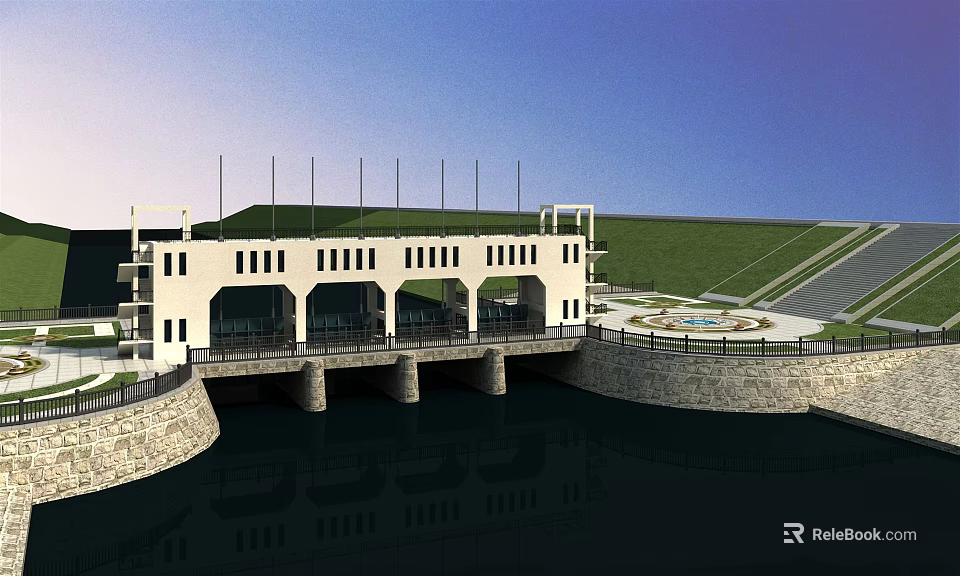 White Dam Structure With Multiple Arches Over Water Featuring Green Slope And Stone Embankment 3d model 