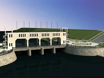 White Dam Structure With Multiple Arches Over Water Featuring Green Slope And Stone Embankment 3d model