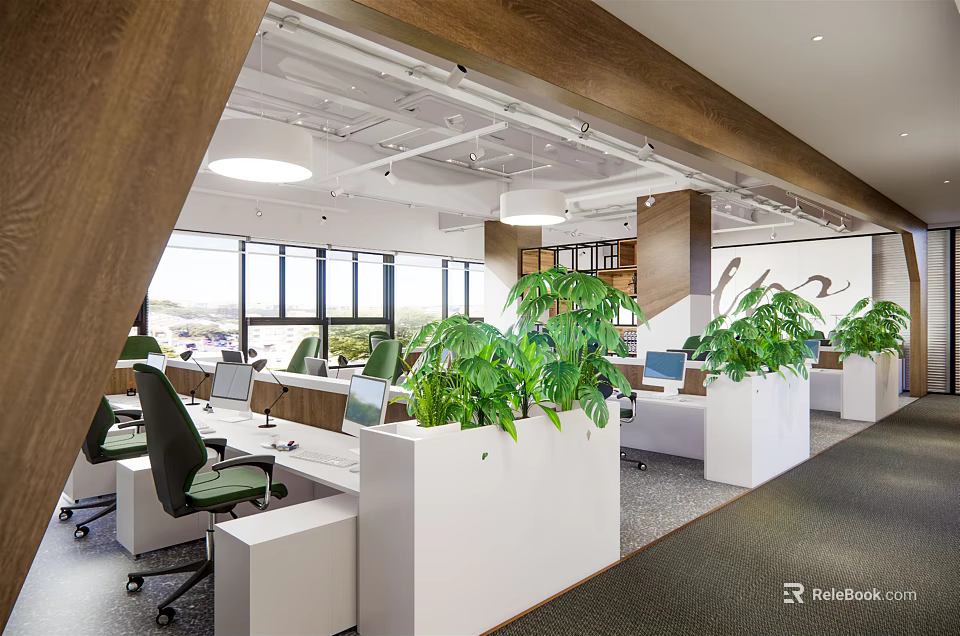 Bright Modern Open Public Office Space With Green Plants Workstations And Large Windows 3d model 