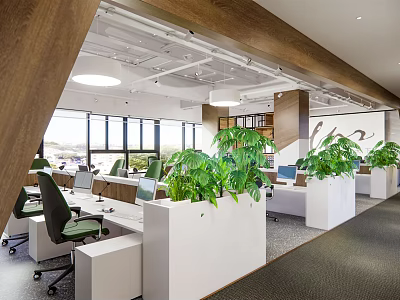 Bright Modern Open Public Office Space With Green Plants Workstations And Large Windows 3d model