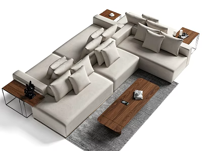 Modern Beige Sofa and Coffee Table Set With Plush Cushions Wooden Table and Side Tables 3d model