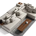 Modern Beige Sofa and Coffee Table Set With Plush Cushions Wooden Table and Side Tables