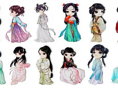 Anime Style Chinese Traditional Cartoon Girl Wall Decor With Colorful Ancient Costumes 3d model