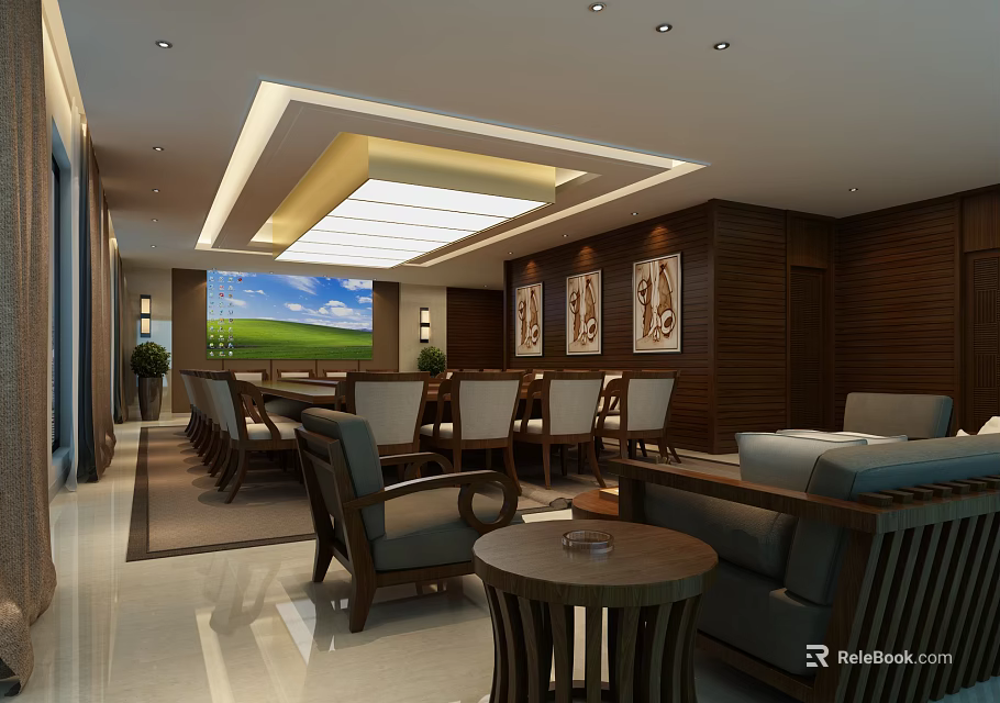 Elegant Meeting Room With Wooden Walls Projection Screen Tables Chairs Sofa And Decorative Paintings 3d model 