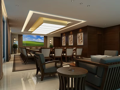 Elegant Meeting Room With Wooden Walls Projection Screen Tables Chairs Sofa And Decorative Paintings 3d model